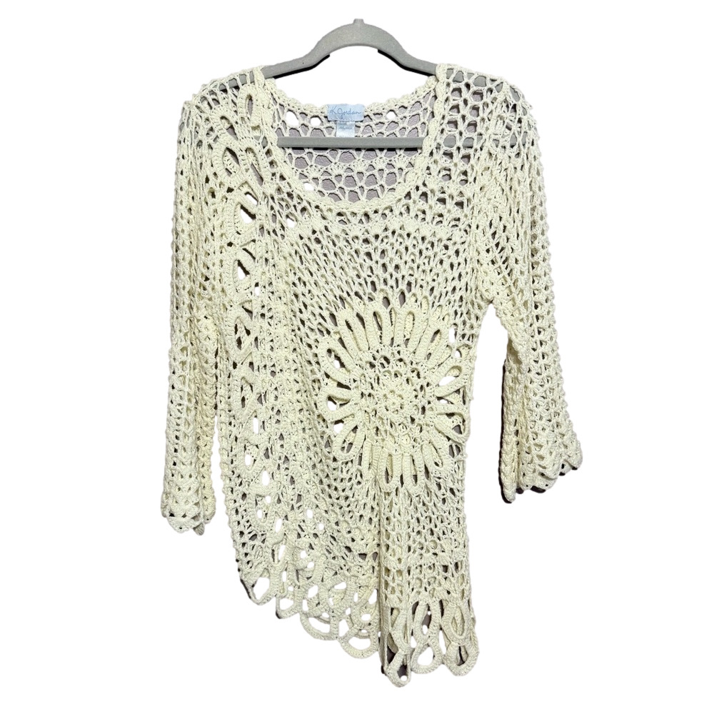 K. Jordan Y2K Crochet Lace Top Ivory Asymmetrical Hem Bohemian Women's Large
